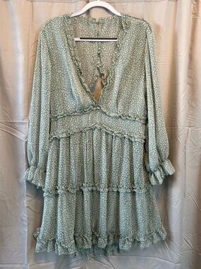 Sage Green Ruffle Tiered Long-Sleeve Dress